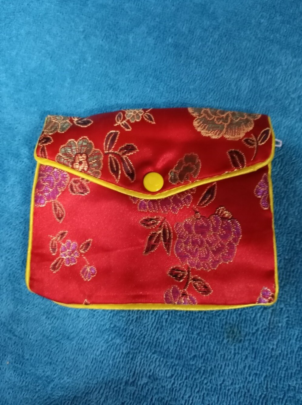 Red Floral Satin Envelope Clutch with Yellow Trim - Zipper